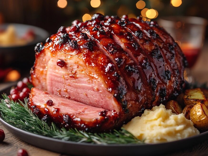 Juicy ham glazed with a rich cherry sauce, served on a platter.