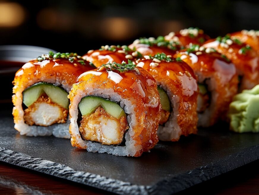 Chicken Tempura Roll with crispy tempura chicken and sushi rice