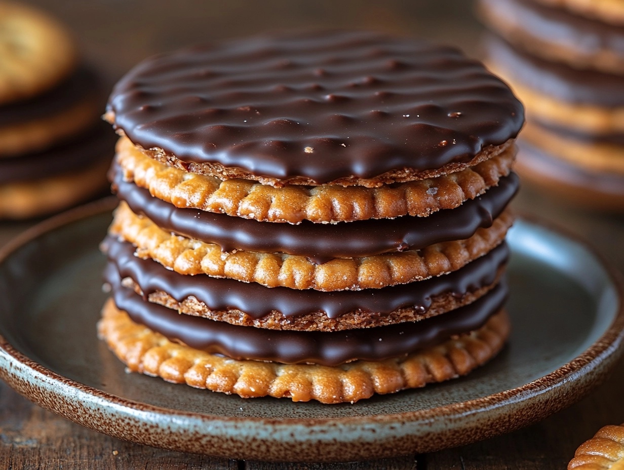 Ritz cracker cookies stacked on a plate with chocolate coating