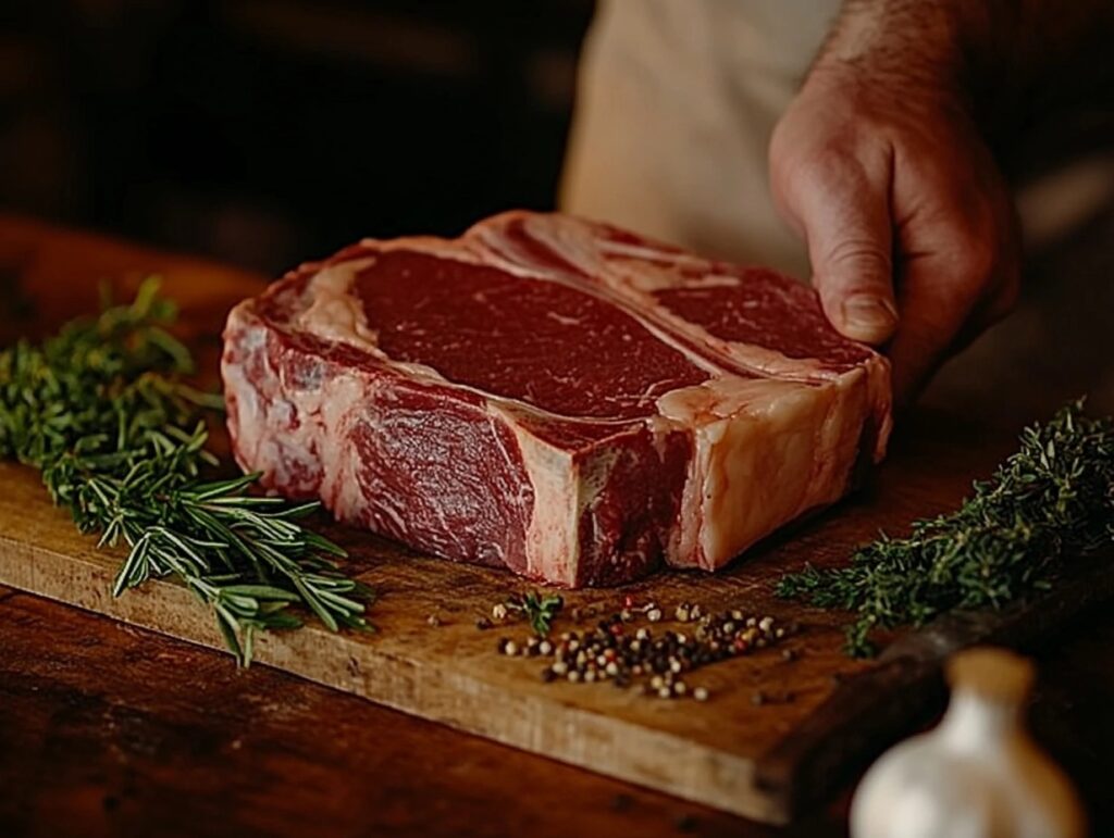 Raw T-bone beef steak with marbling on a butcher block