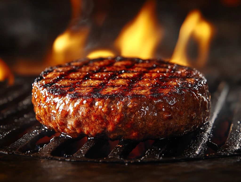  Juicy ground beef patty sizzling on a grill