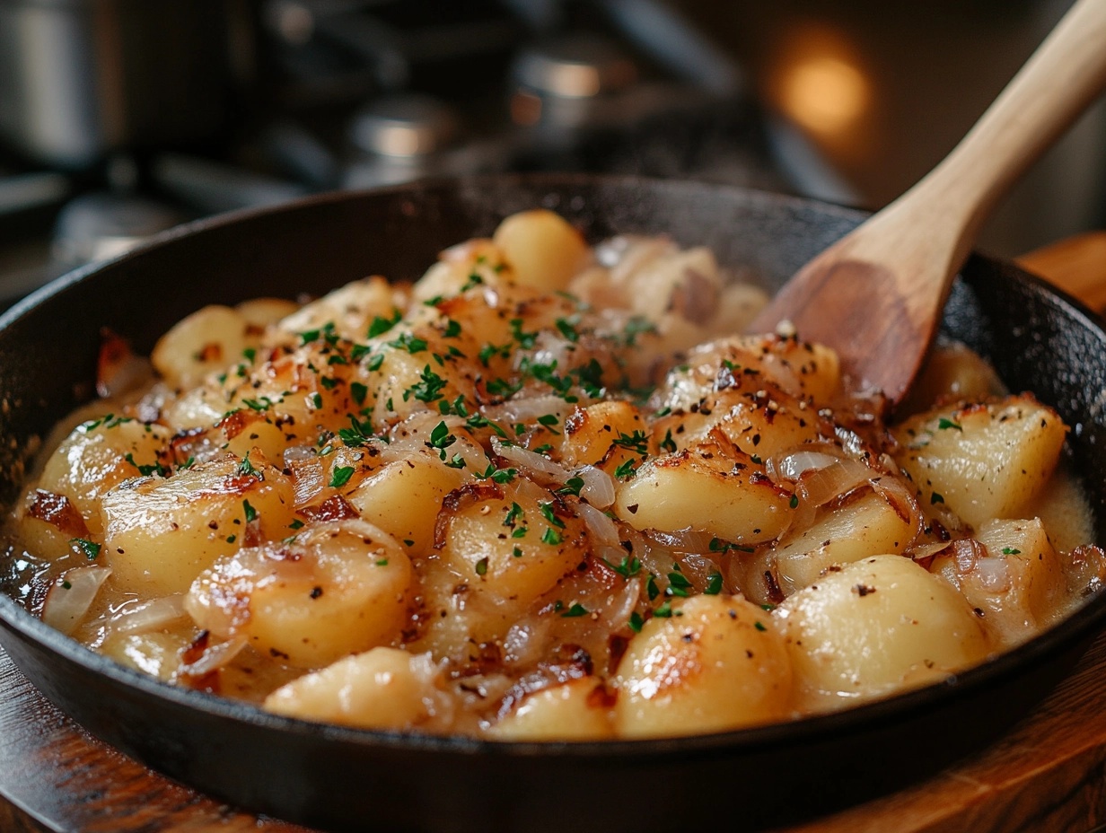 Smothered potatoes cooking in a cast iron skillet with onions and herbs.