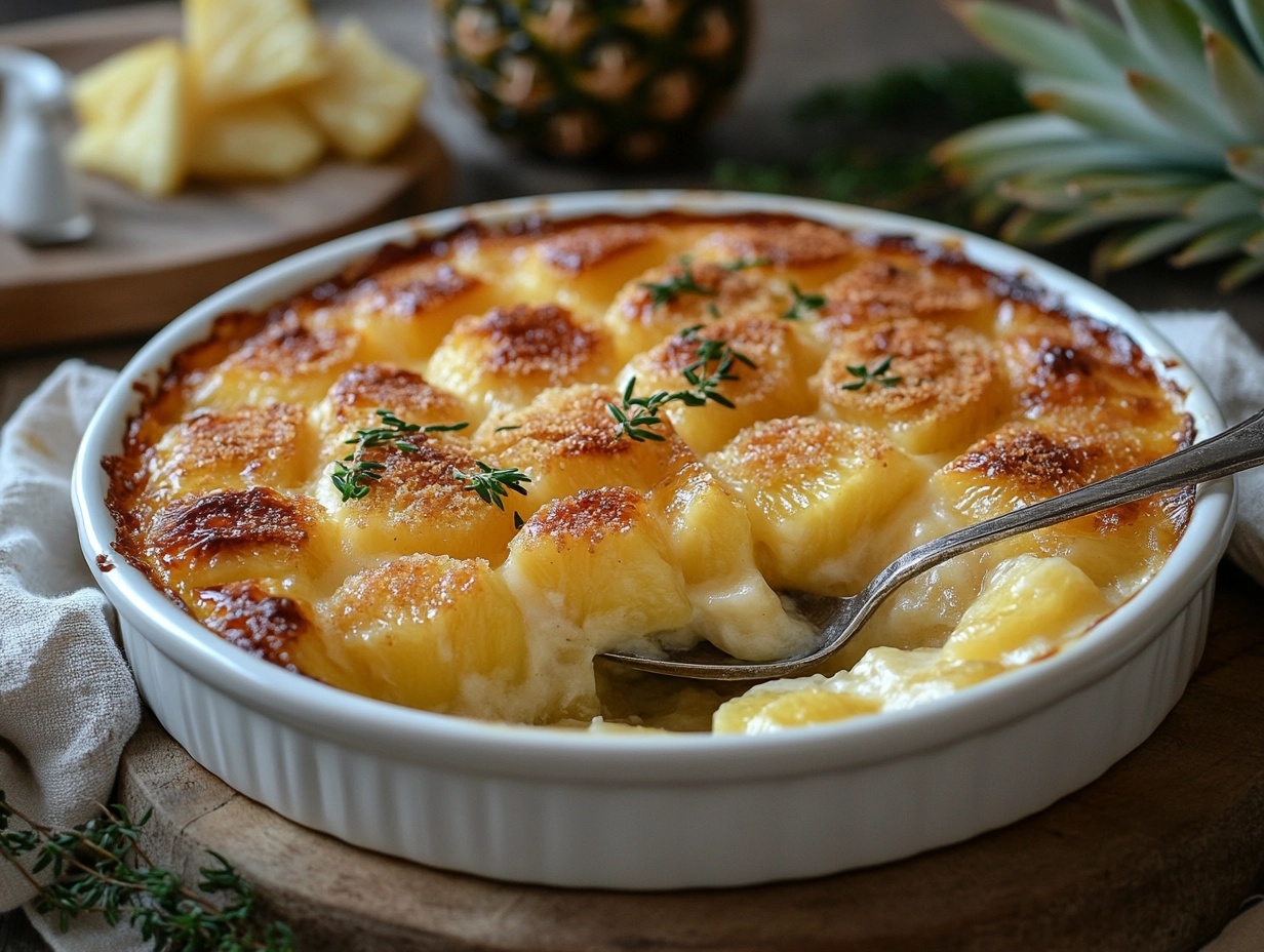 Golden brown pineapple casserole with crispy topping in a rustic dish.