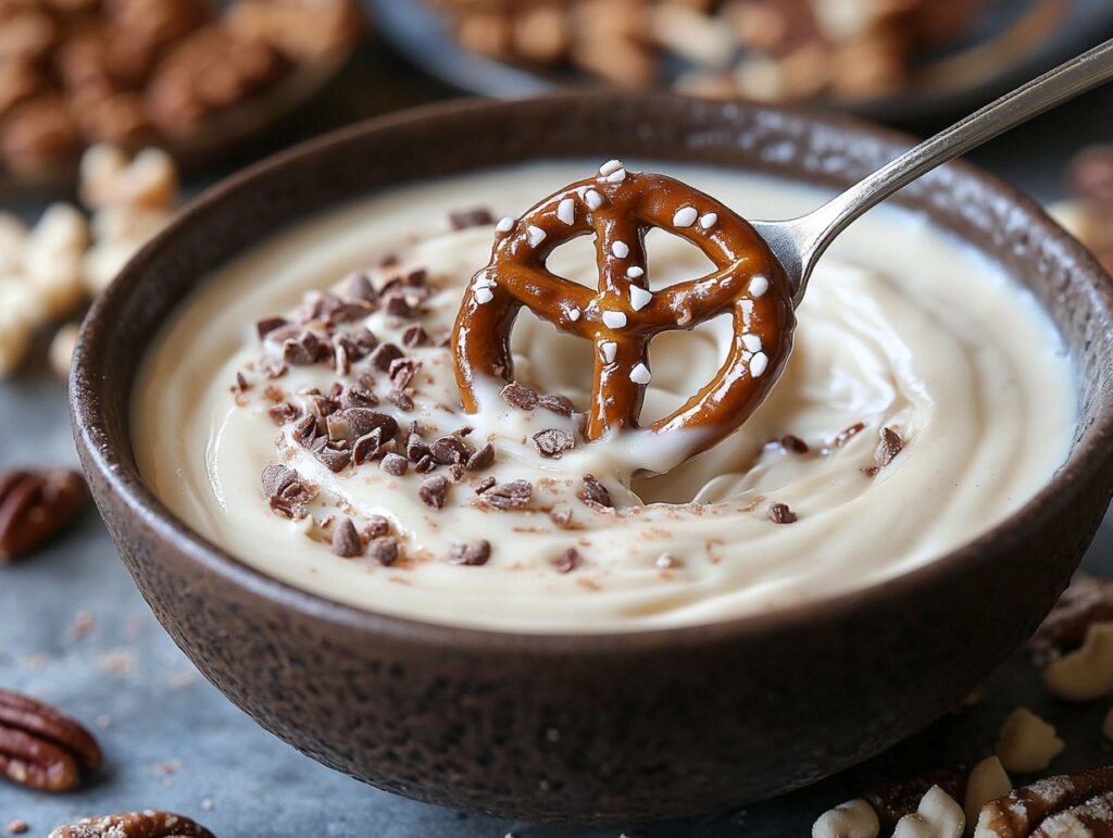 Dipping a pretzel into melted white chocolate