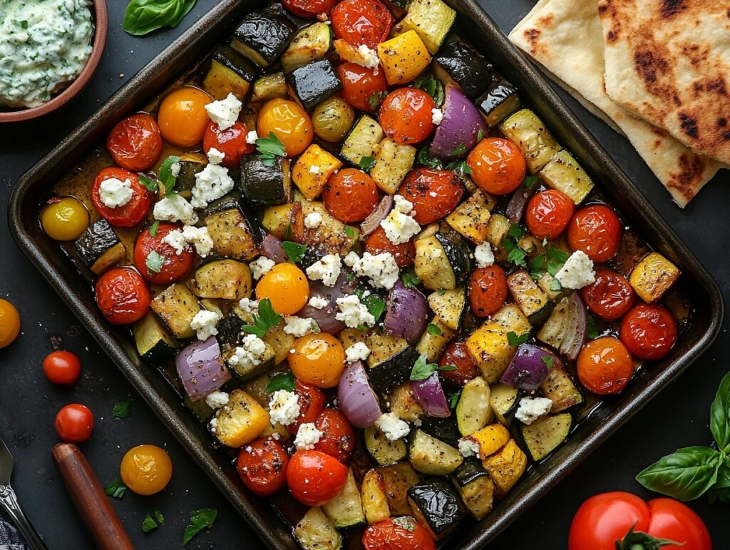 Mediterranean roasted vegetables with feta on a sheet pan.