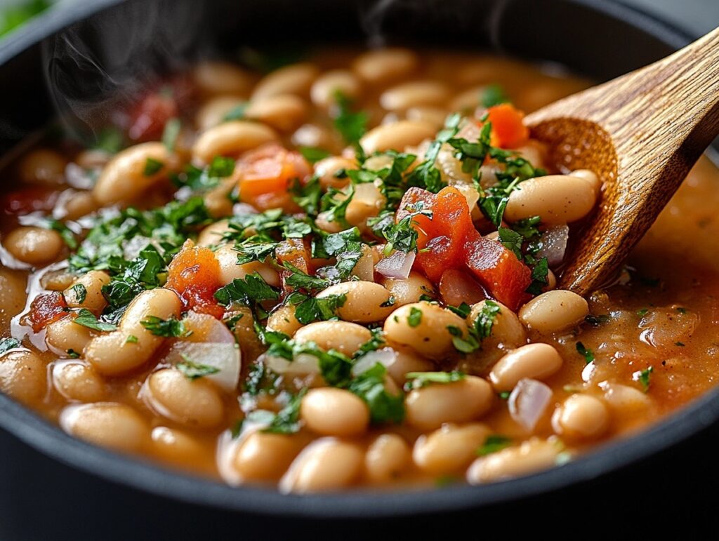 A pot of simmering seasoned pinto beans