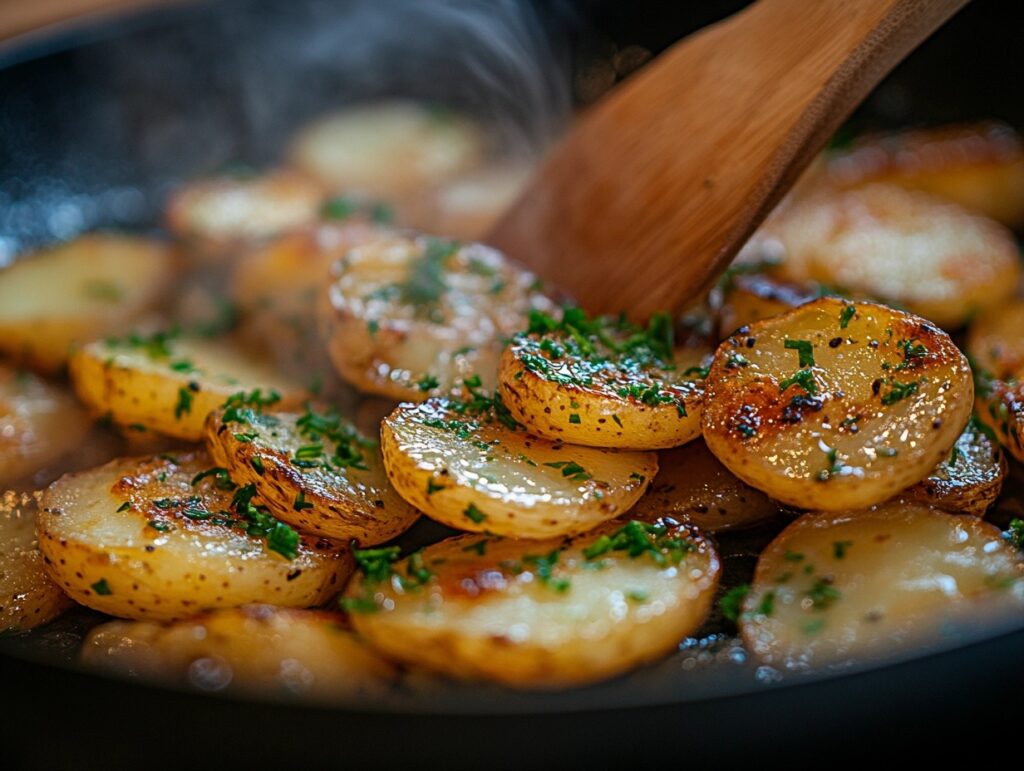 Sliced potatoes and onions sizzling in a skillet during cooking.