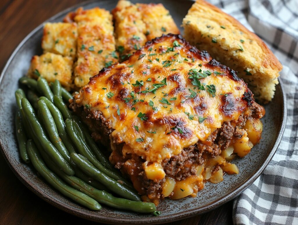 A plate of cowboy meatloaf and potato casserole with side dishes