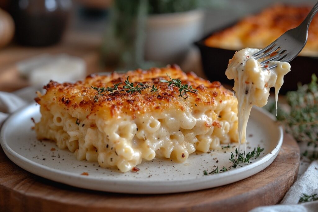 A plate of old-fashioned mac and cheese with a crispy top.