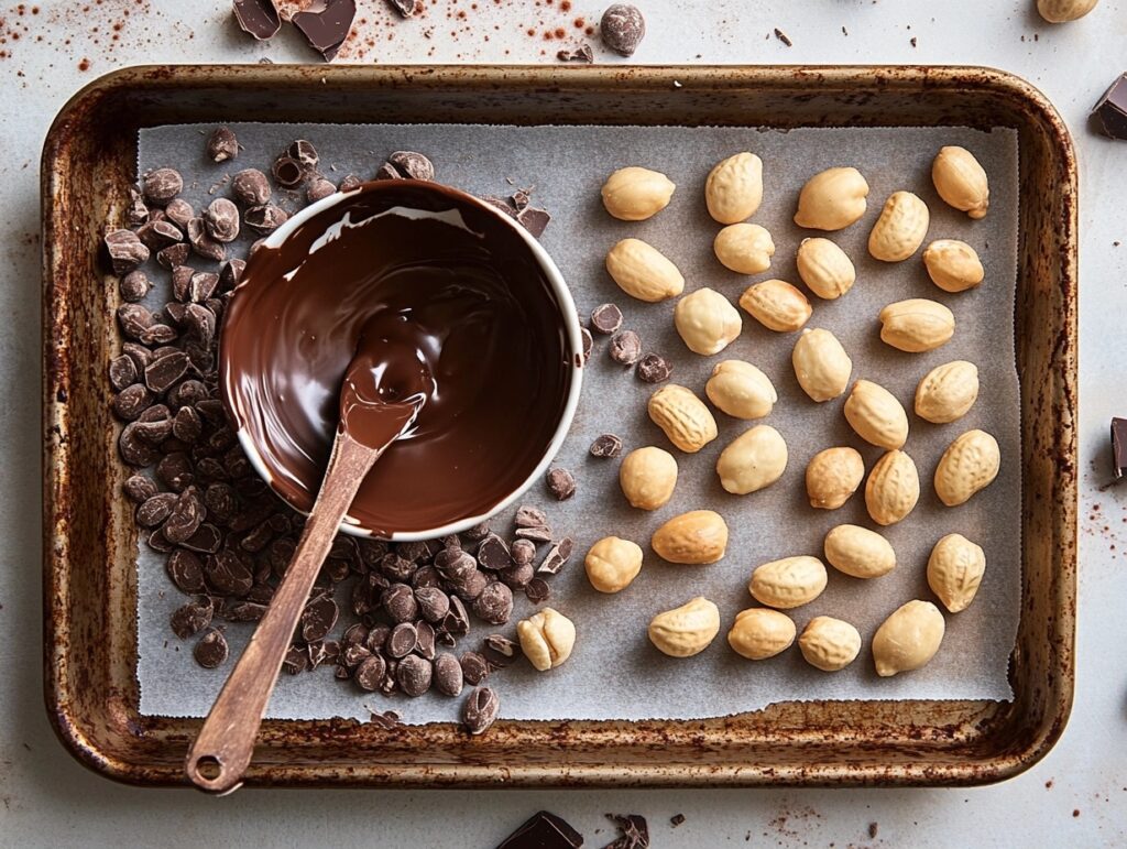 Homemade chocolate-covered peanuts on a tray.