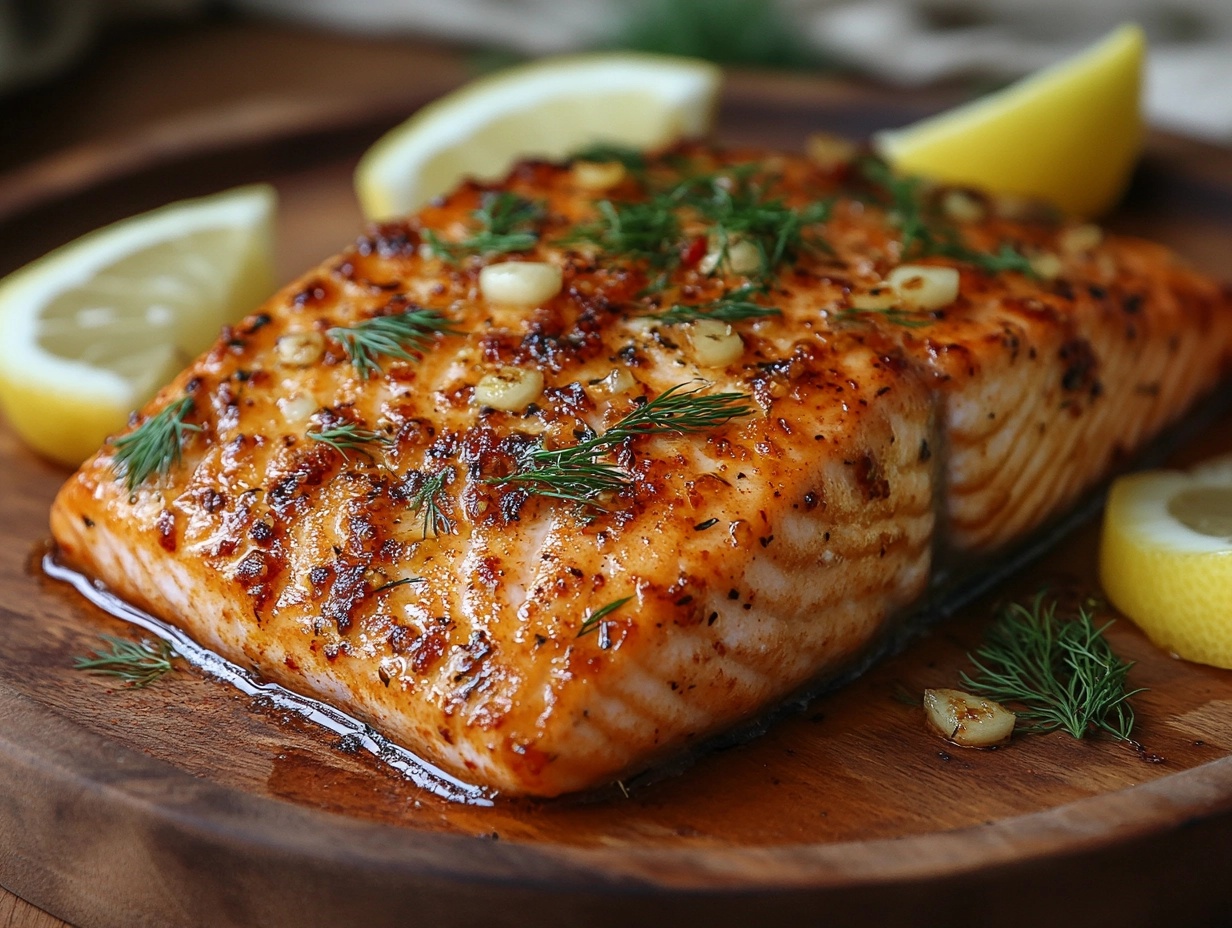 Plated Alaska sockeye salmon fillet with fresh herbs and garlic