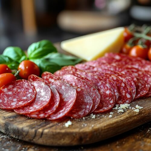 Thinly sliced beef pepperoni on a rustic board