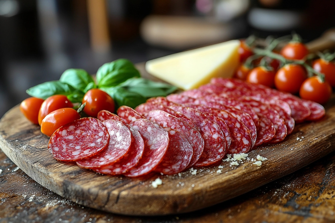 Thinly sliced beef pepperoni on a rustic board