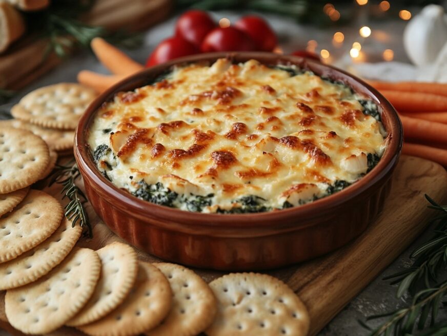 Golden, creamy crab and spinach dip served with fresh bread and crackers.