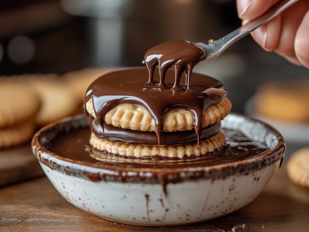 Dipping a Ritz cracker cookie sandwich into melted chocolate