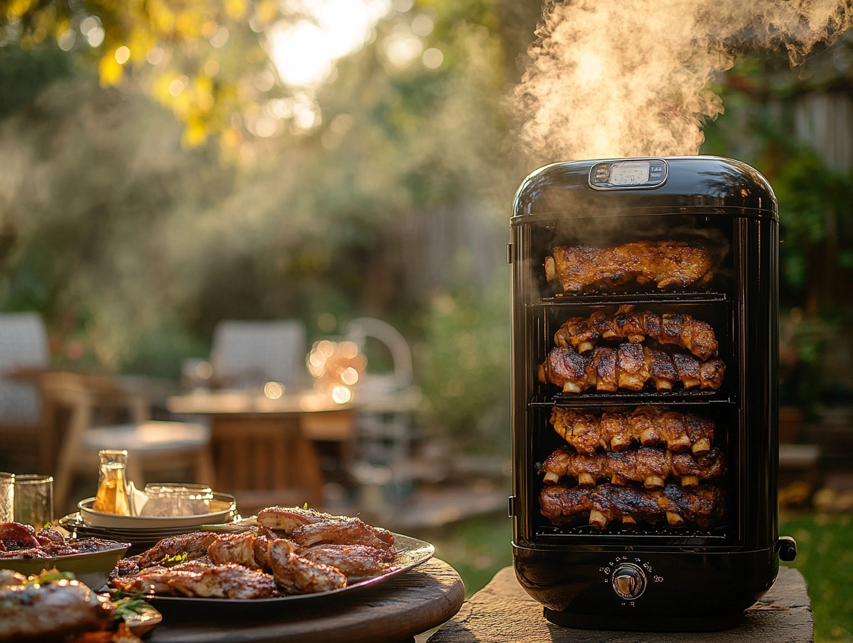 Outdoor electric smoker with ribs and chicken smoking in a backyard.