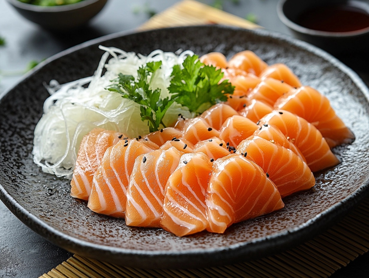 A beautifully arranged sake sashimi platter with garnishes.