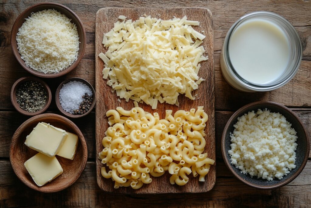  Ingredients for making homemade old-fashioned mac and cheese.