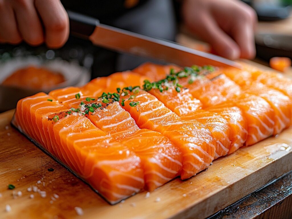  Sushi chef slicing salmon for sake sashimi.