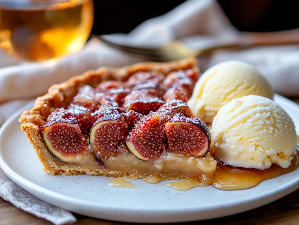 A slice of fig and frangipane tart with ice cream.