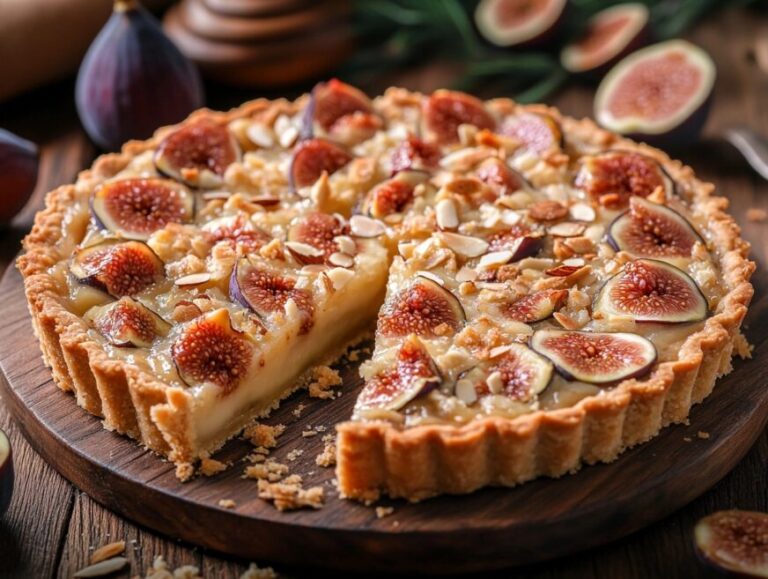 Freshly baked fig and frangipane tart with almonds.