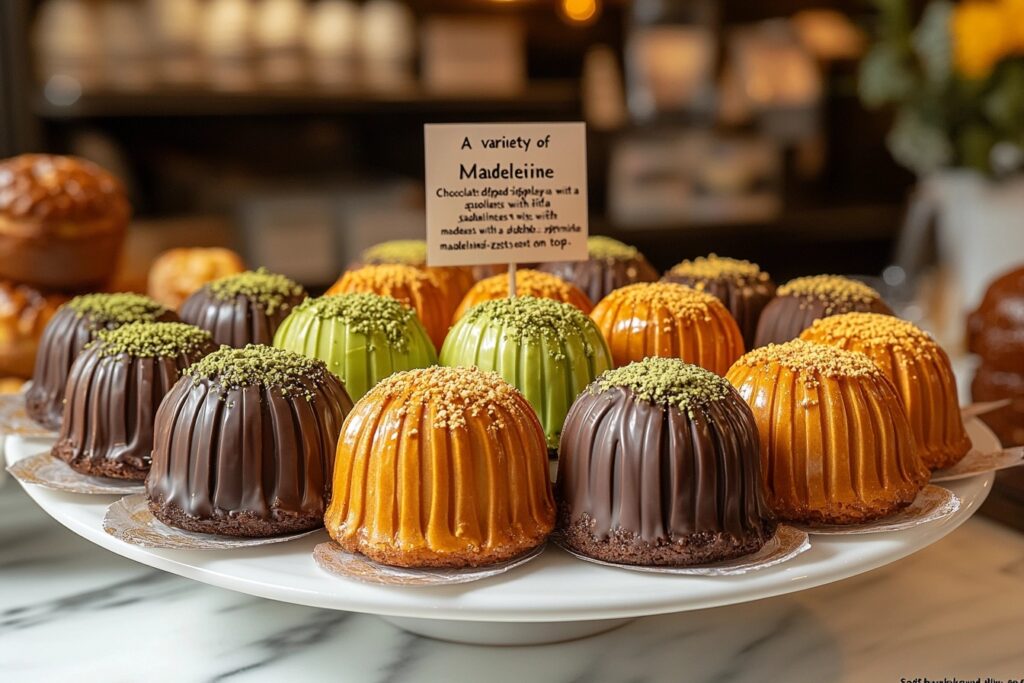 Different flavors of Madeleine cookies on a white plate.