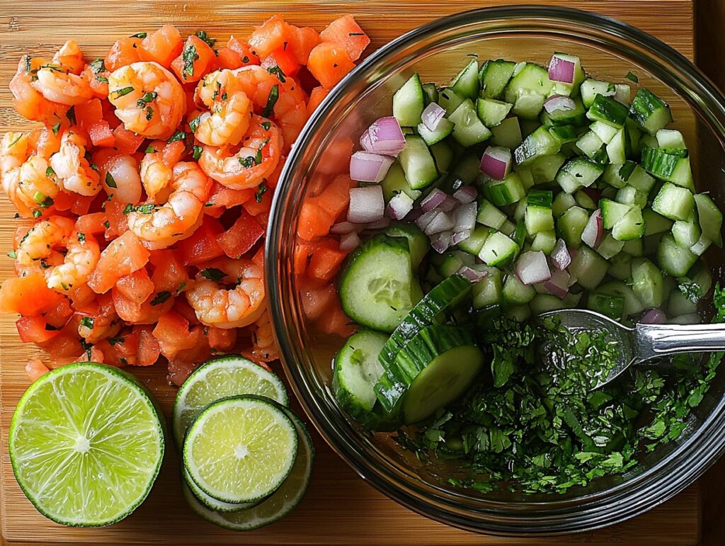 Ingredients for shrimp ceviche prepared on a wooden cutting board.