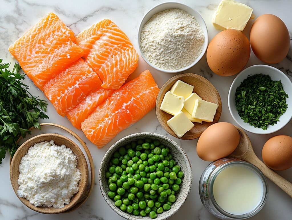 Ingredients for making salmon loaf with creamed peas.