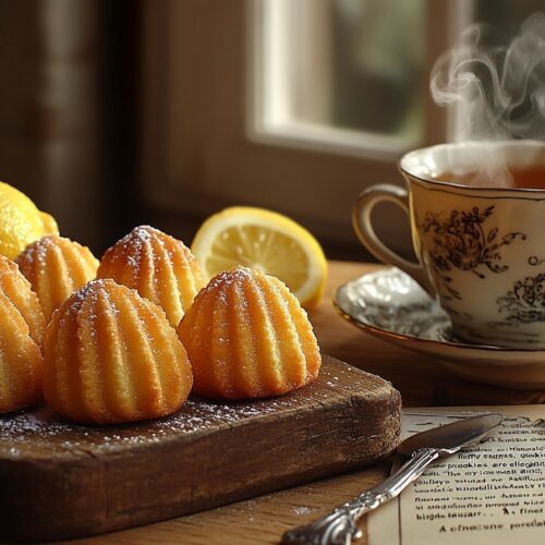 Classic Madeleine cookies with powdered sugar on a wooden table.