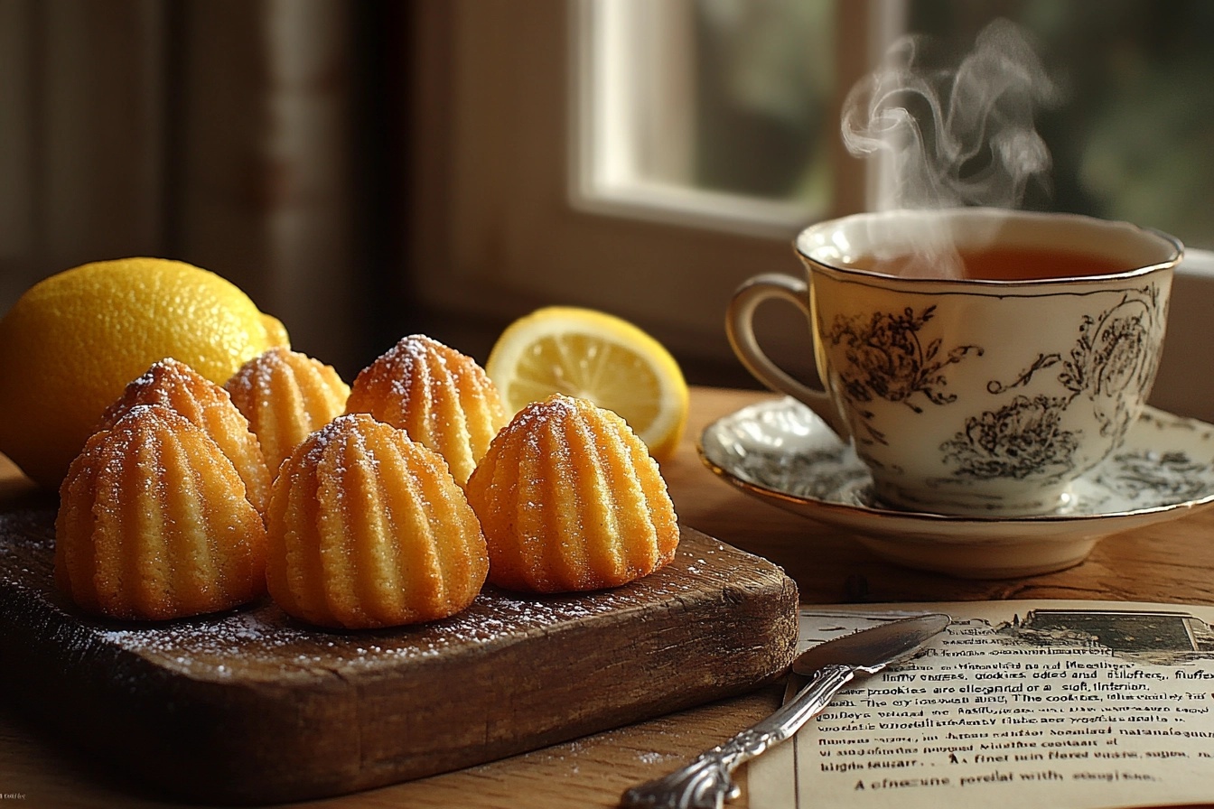 Classic Madeleine cookies with powdered sugar on a wooden table.