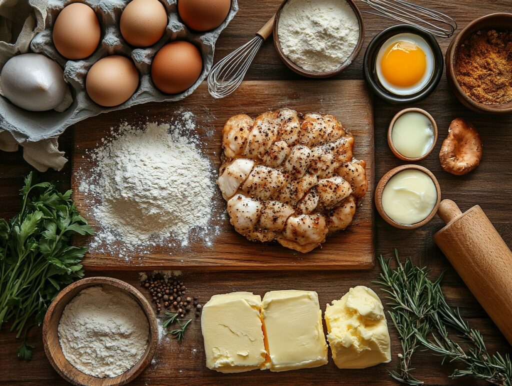 Fresh ingredients for making fricassee cake, including chicken, butter, mushrooms, and eggs.