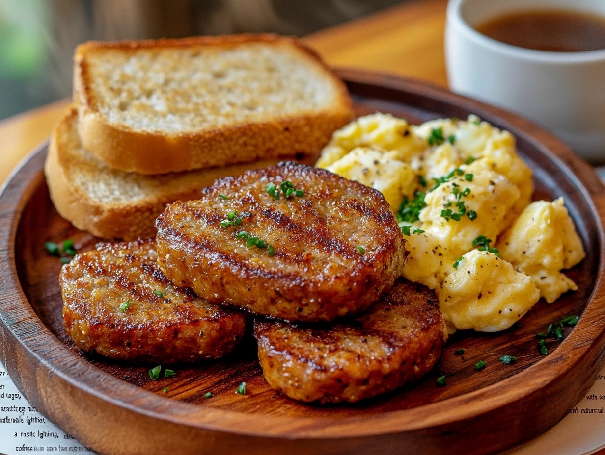 Crispy air fryer sausage patties on a breakfast plate with eggs and toast.