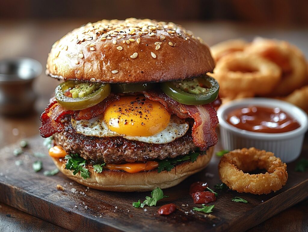 A gourmet air fryer smash burger with bacon, onions, and a fried egg.