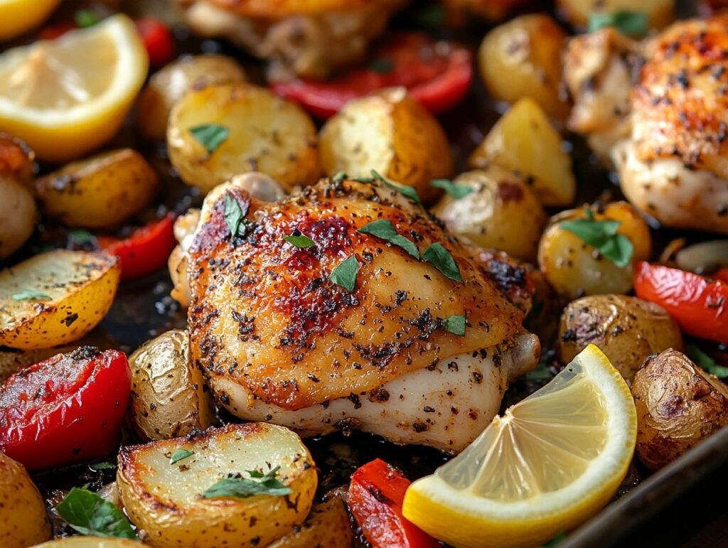 Greek sheet-pan chicken with roasted potatoes and vegetables.