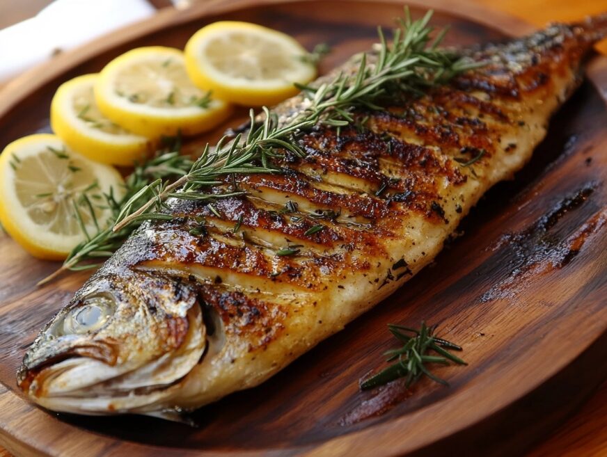 Whole grilled bronzini with crispy skin, served with lemon and rosemary.