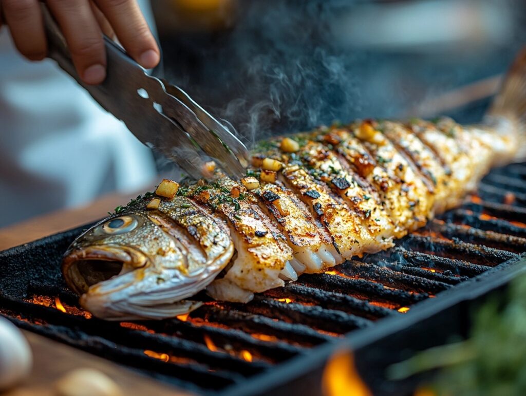  A chef grilling bronzini with crispy skin over open flames.