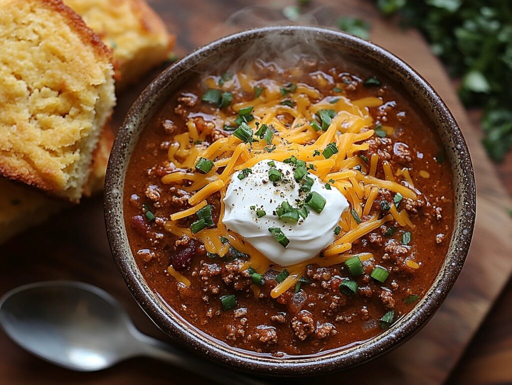 Bowl of homemade ground beef chili with toppings