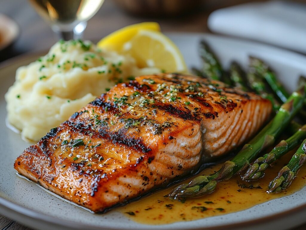 Grilled Alaska sockeye salmon served with roasted asparagus and mashed potatoes