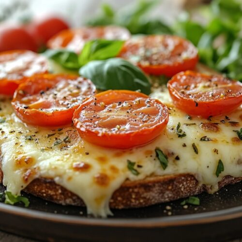 Cottage cheese pizza toast with fresh basil and cherry tomatoes.