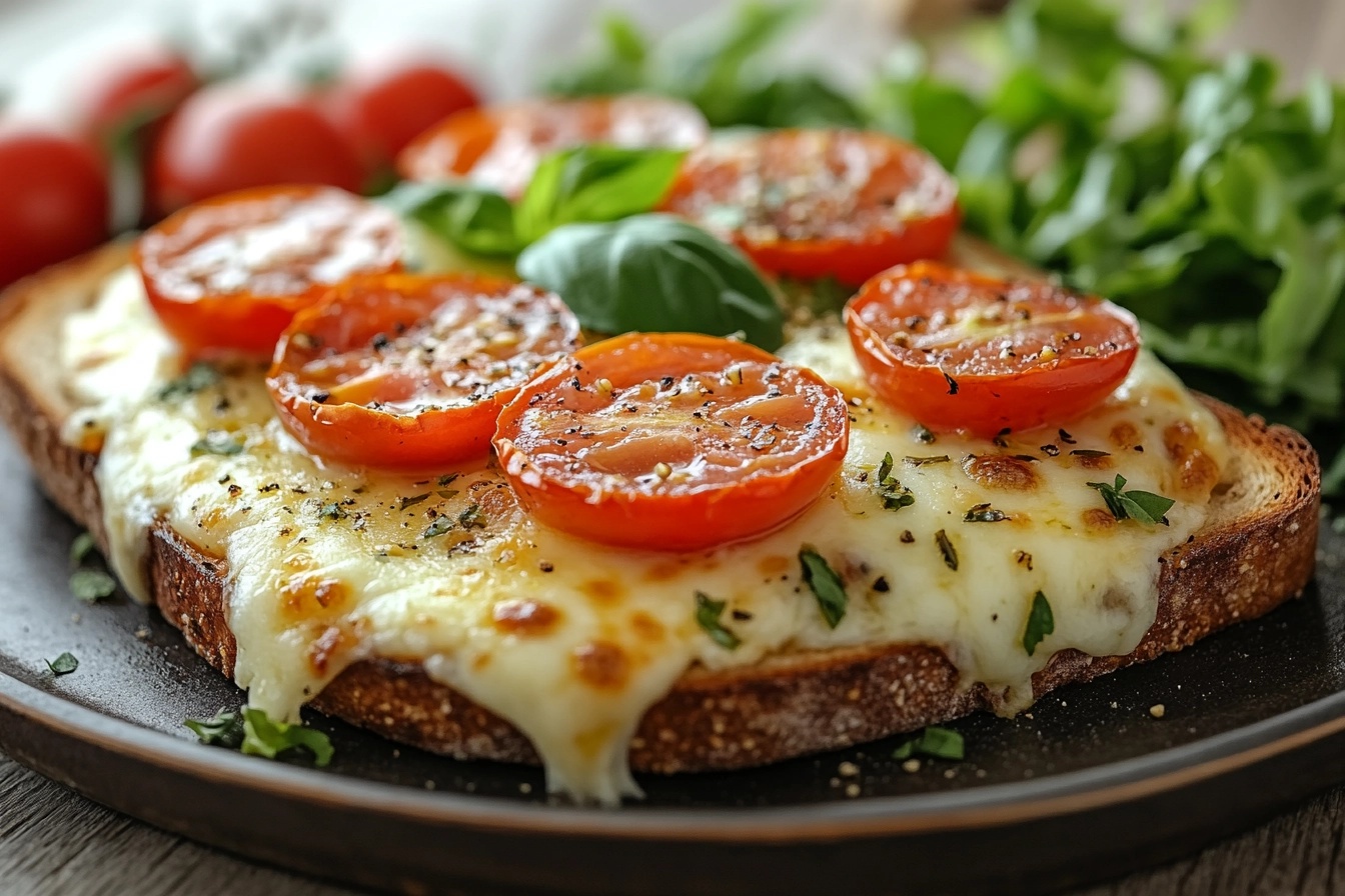 Cottage cheese pizza toast with fresh basil and cherry tomatoes.