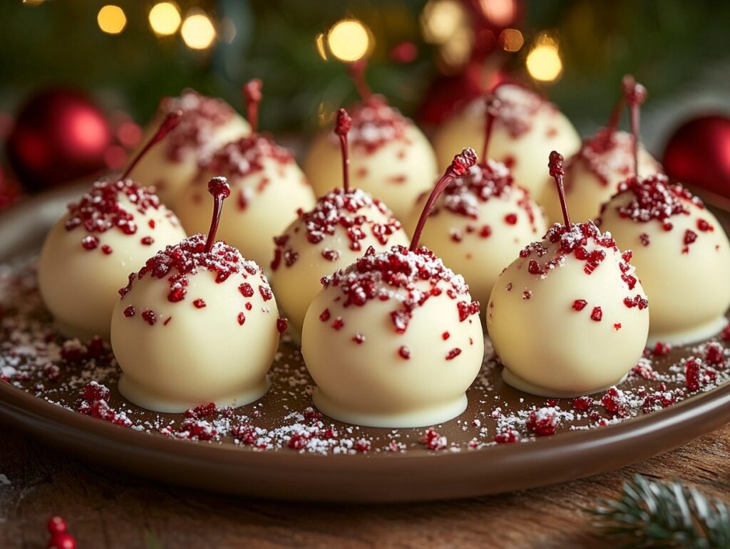 Christmas-themed cherries in white chocolate with festive decorations.