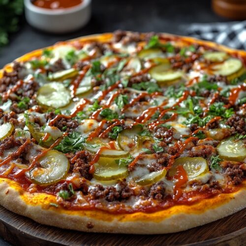 Big Mac Pizza with toppings of cheese, beef, pickles, onions, and special sauce on a wooden board.