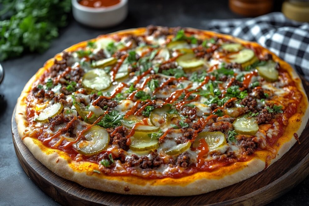 Big Mac Pizza with toppings of cheese, beef, pickles, onions, and special sauce on a wooden board.