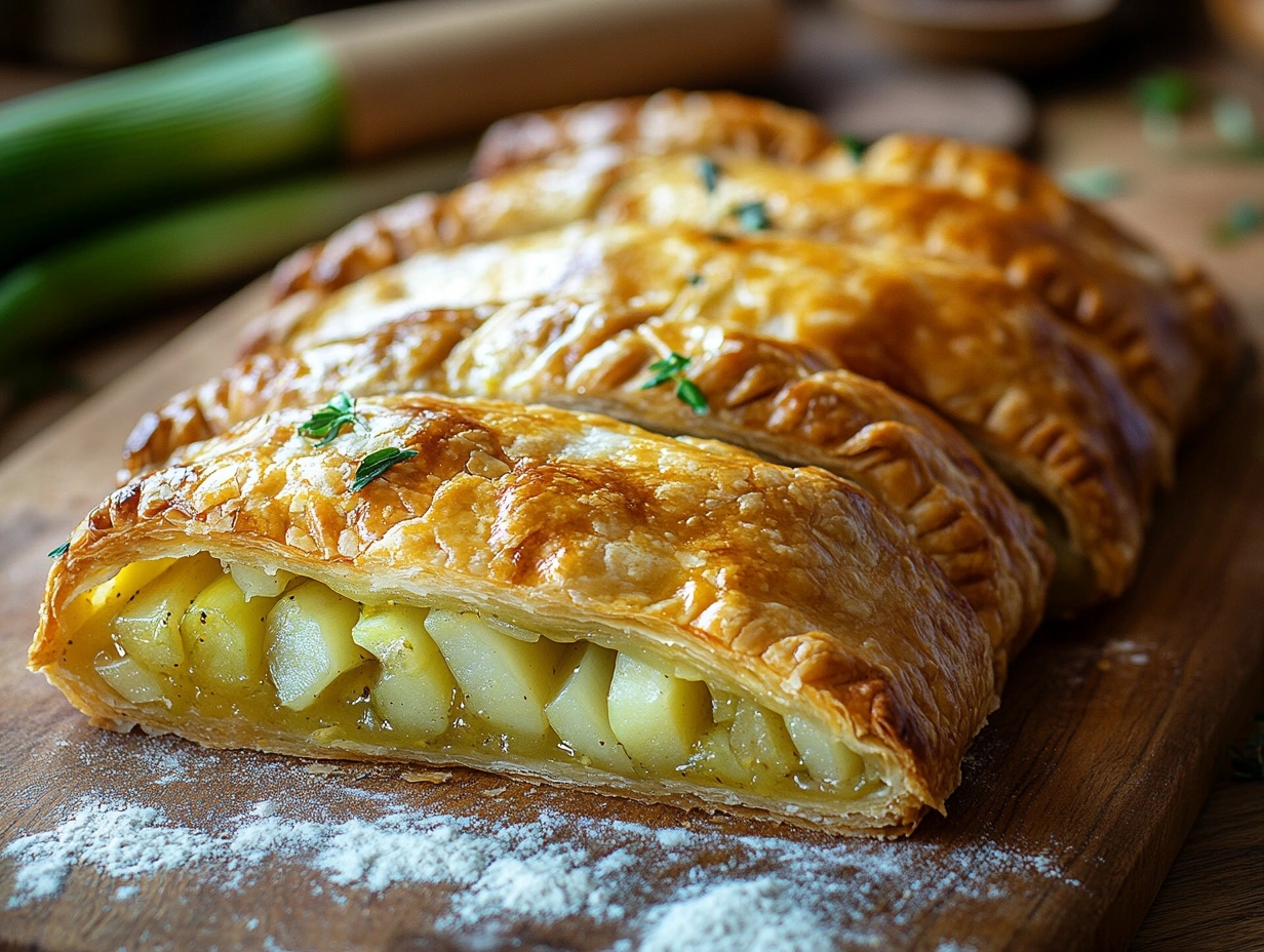 Golden-brown leek pasties on a wooden board with fresh leeks.