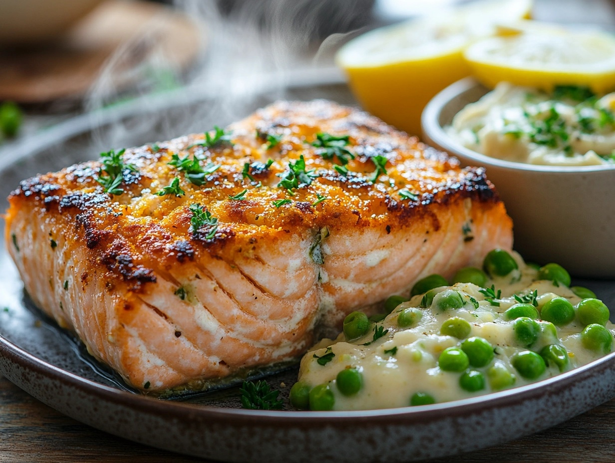 Golden-brown salmon loaf served with creamy peas.