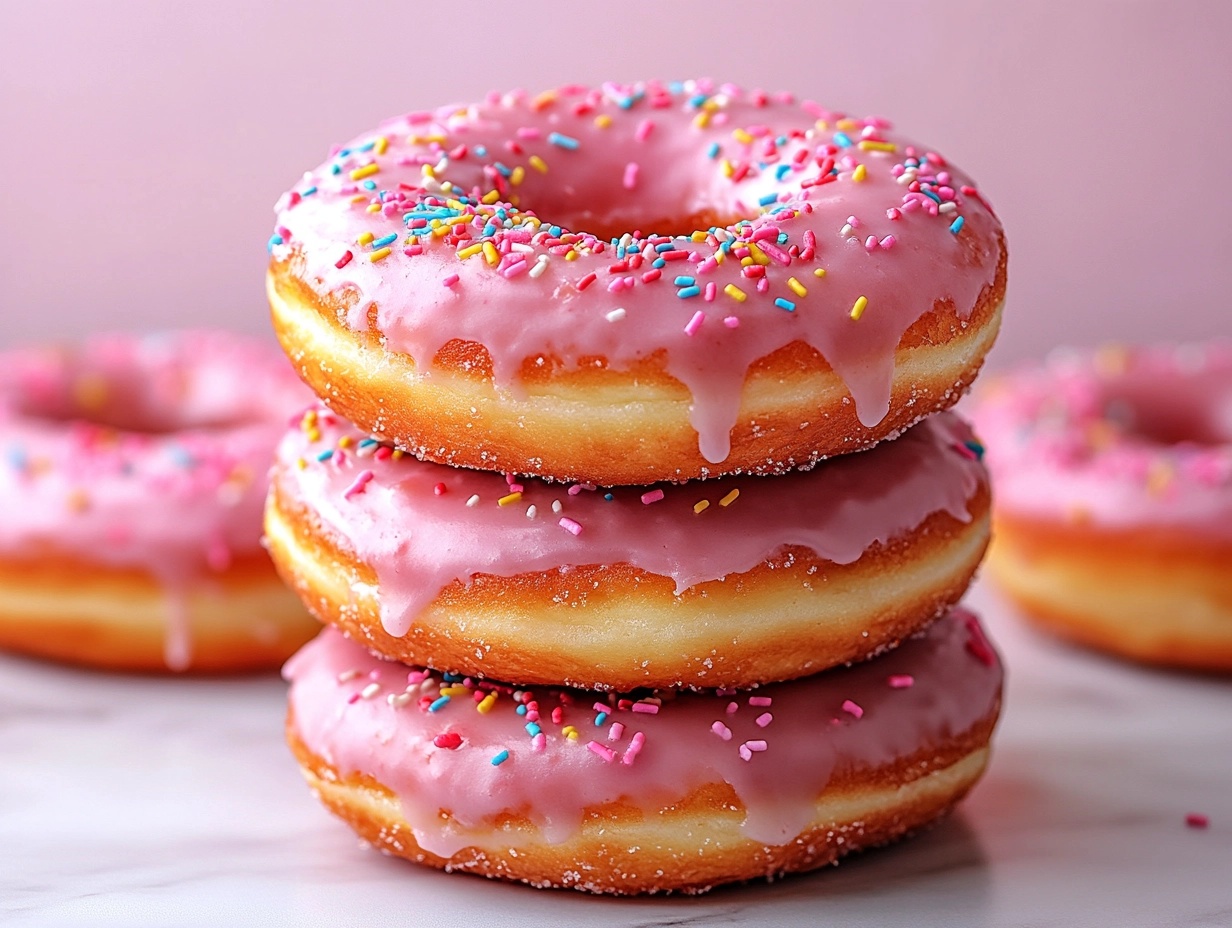 Fresh homemade strawberry frosted donuts with pink glaze and sprinkles.