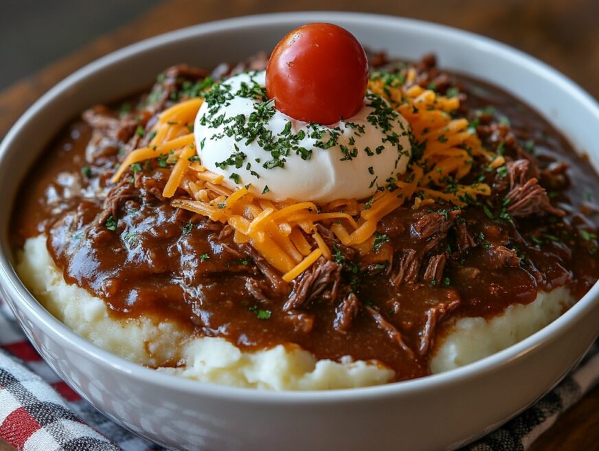 Hot Beef Sundae with mashed potatoes, beef, and toppings