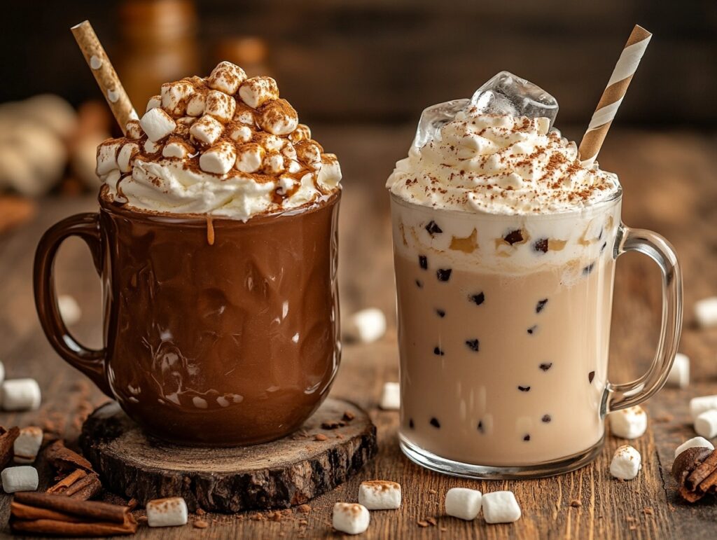 Hot and iced milky cocoa side by side in a cozy setting.