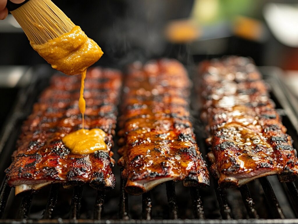 Step-by-step images of applying mustard to ribs before seasoning.