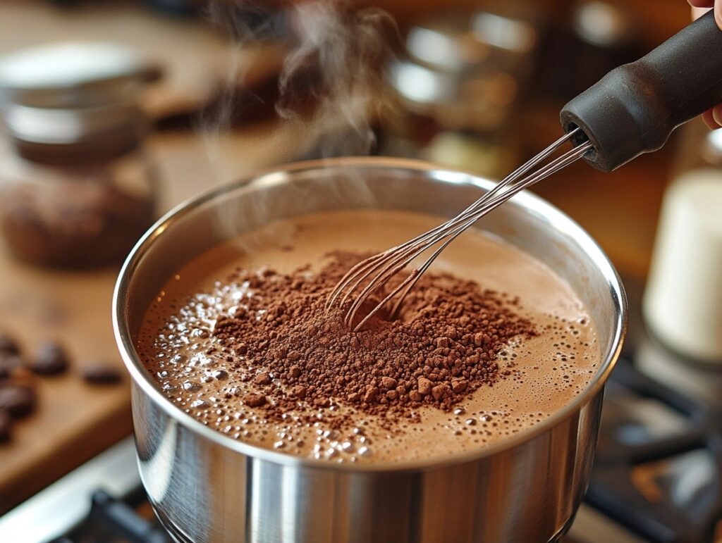 A saucepan with warm milk and cocoa powder being whisked in.